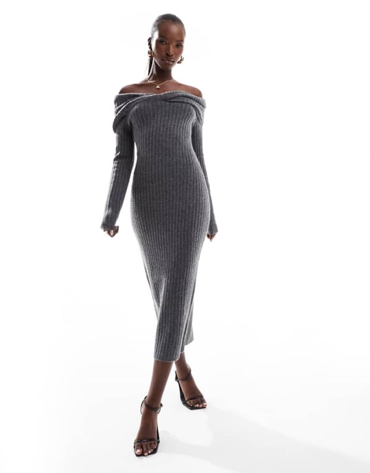 In The Style knitted bardot twist midi jumper dress in charcoal - Image 1