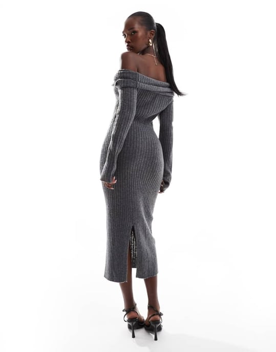 In The Style knitted bardot twist midi jumper dress in charcoal - Image 3