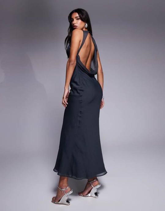 ASOS DESIGN asymmetric neckline midaxi dress with draped back detail in slate - Image 1