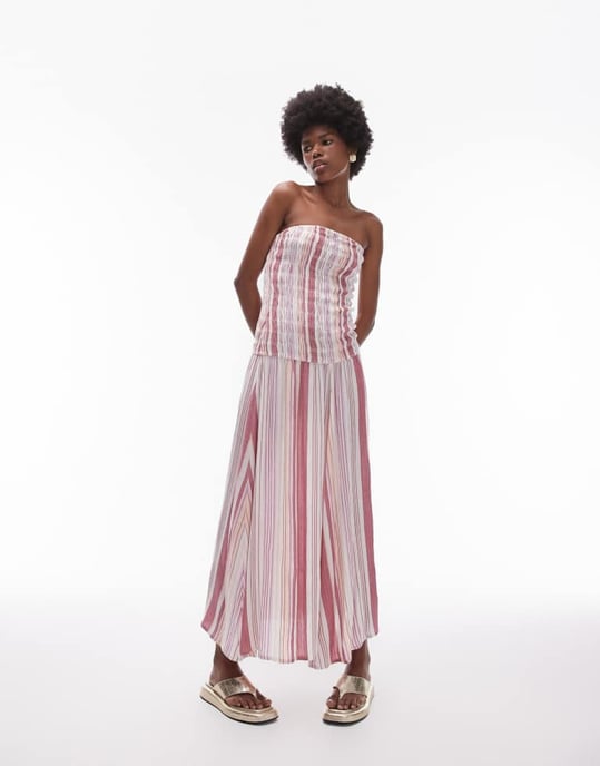 Topshop rynkad bandeau midiklänning i rosa randig - Image 2