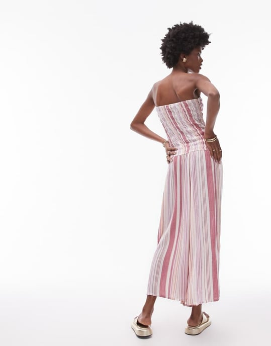 Topshop rynkad bandeau midiklänning i rosa randig - Image 4