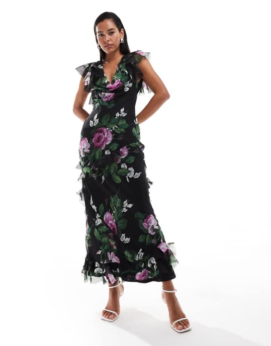 ASOS DESIGN klänning i midi-längd med cowl-halsringning och volangärmar i svart blommönster - Image 3