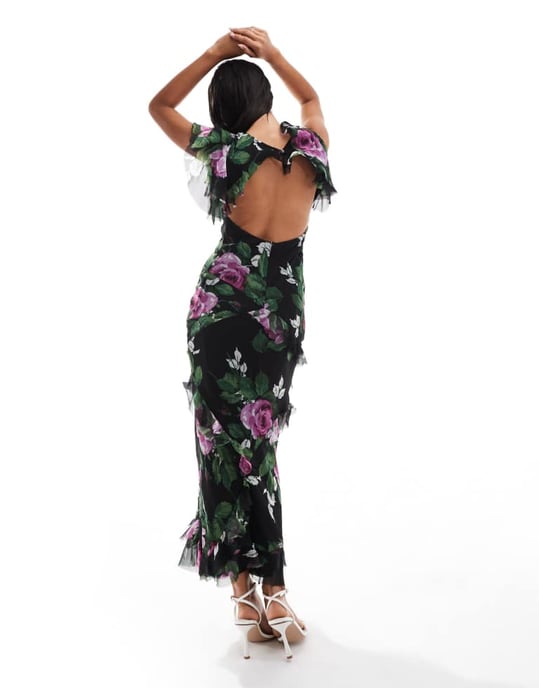 ASOS DESIGN klänning i midi-längd med cowl-halsringning och volangärmar i svart blommönster - Image 4