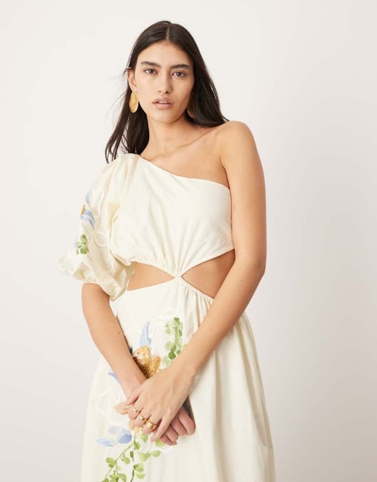 ASOS EDITION broderad blommig axelpuffärm midi klänning i krämfärg - Image 2