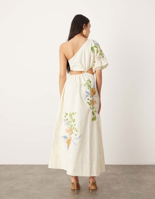 ASOS EDITION broderad blommig axelpuffärm midi klänning i krämfärg - Image 4