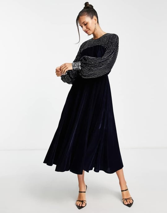 ASOS DESIGN midi dress with linear yoke embellishment in navy velvet - Image 1