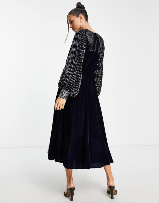 ASOS DESIGN midi dress with linear yoke embellishment in navy velvet - Image 2