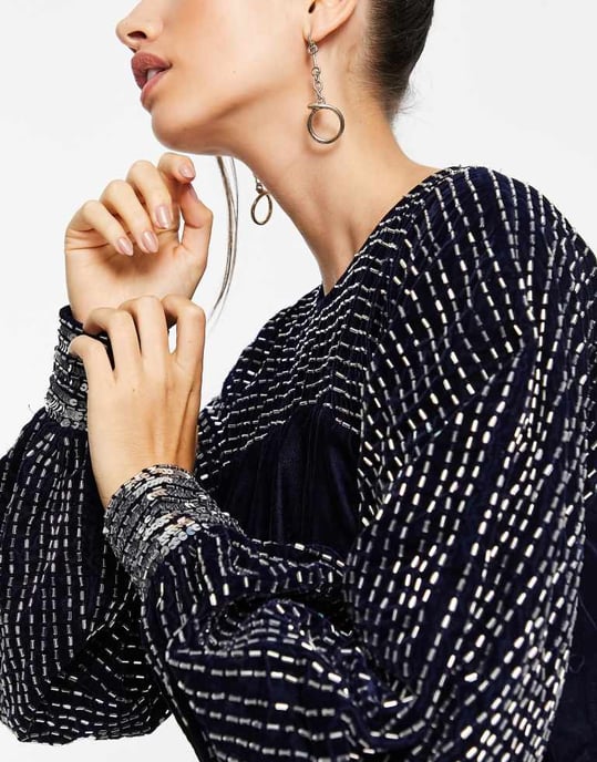 ASOS DESIGN midi dress with linear yoke embellishment in navy velvet - Image 3