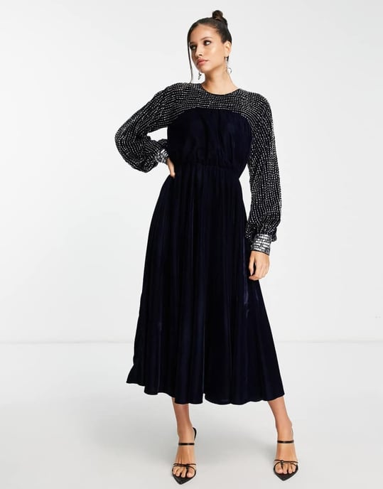 ASOS DESIGN midi dress with linear yoke embellishment in navy velvet - Image 4