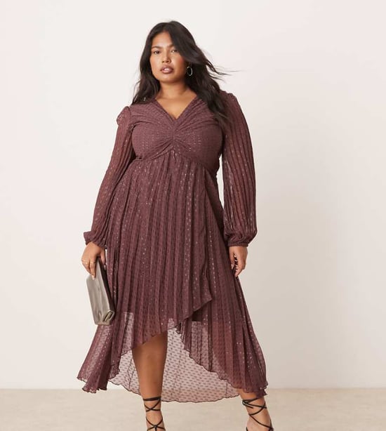 ASOS DESIGN Curve metallic dobby pleat wrap skirt midi dress in aubergine - Image 1