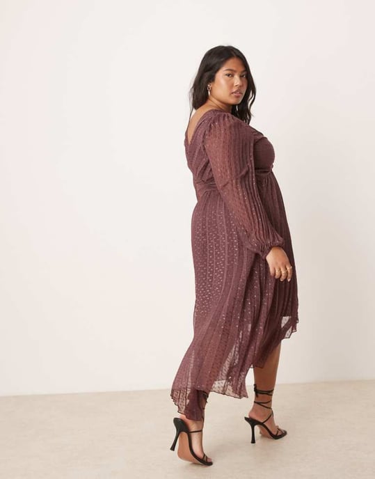 ASOS DESIGN Curve metallic dobby pleat wrap skirt midi dress in aubergine - Image 3