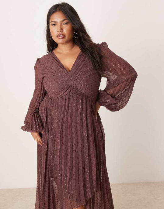 ASOS DESIGN Curve metallic dobby pleat wrap skirt midi dress in aubergine - Image 4
