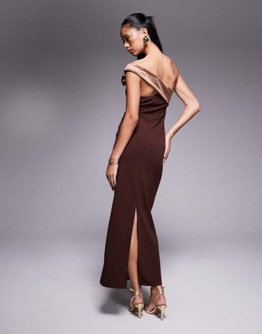 ASOS DESIGN contrast bandeau with corsage midaxi dress in chocolate in scuba-style fabric - Image 2