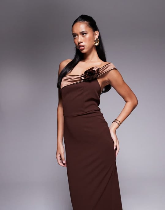 ASOS DESIGN contrast bandeau with corsage midaxi dress in chocolate in scuba-style fabric - Image 4