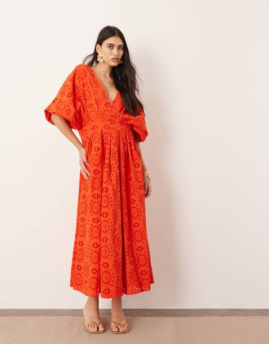 ASOS EDITION broderad vid ärm djup i midi klänning i röd - Image 3