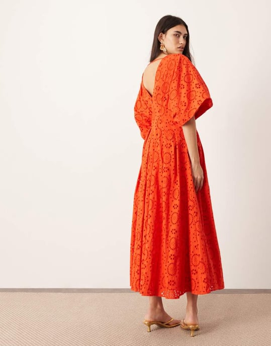 ASOS EDITION broderad vid ärm djup i midi klänning i röd - Image 4