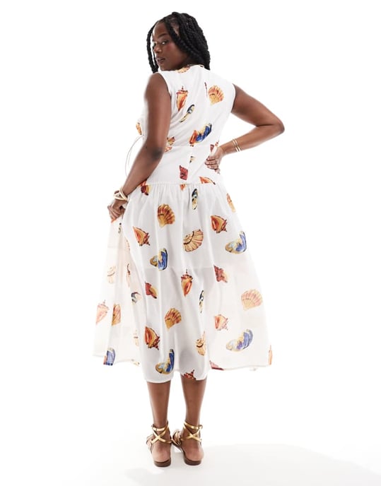 ASOS DESIGN Curve ärmlös midiklänning med utskärningar i heltryckt snäckmönster - Image 3
