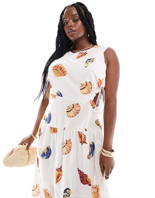 ASOS DESIGN Curve ärmlös midiklänning med utskärningar i heltryckt snäckmönster - Image 4