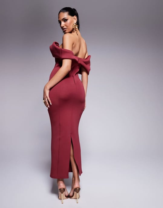 ASOS DESIGN sculptural bardot midi dress with seam detailing in burgundy scuba-style fabric - Image 3