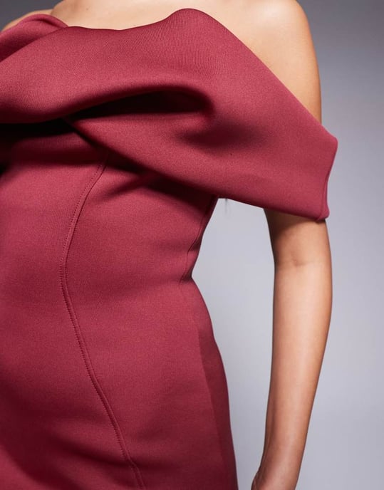 ASOS DESIGN sculptural bardot midi dress with seam detailing in burgundy scuba-style fabric - Image 4