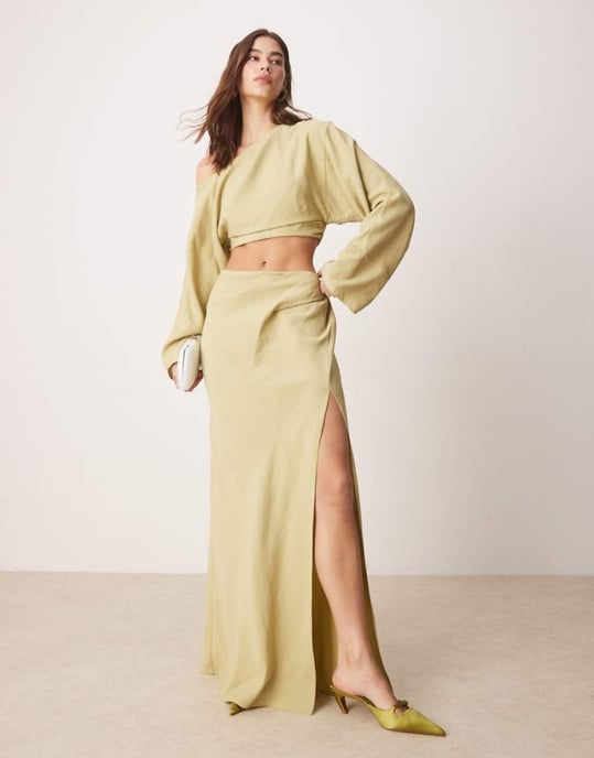 ASOS DESIGN fallen shoulder cut out midaxi dress in light olive - Image 1