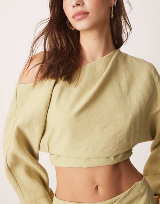 ASOS DESIGN fallen shoulder cut out midaxi dress in light olive - Image 3