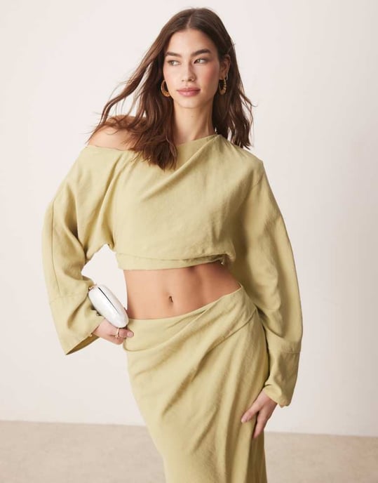 ASOS DESIGN fallen shoulder cut out midaxi dress in light olive - Image 4