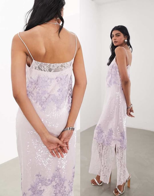 ASOS EDITION broderad spets- och paljettpanelad cami kolumn midi-klänning i lilac - Image 2