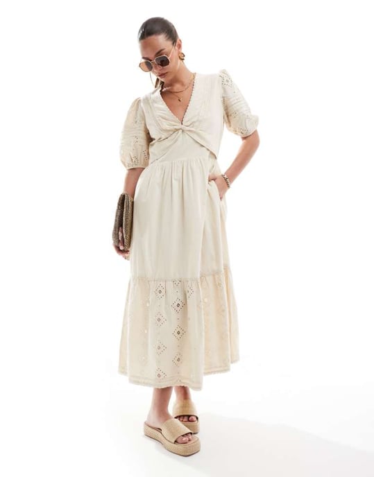 French Connection Cambria cotton broderie midi dress in beige - Image 1