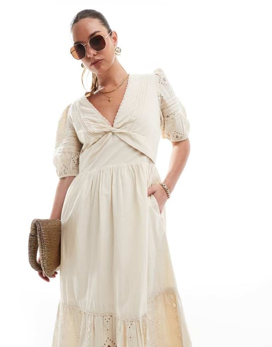 French Connection Cambria cotton broderie midi dress in beige - Image 2