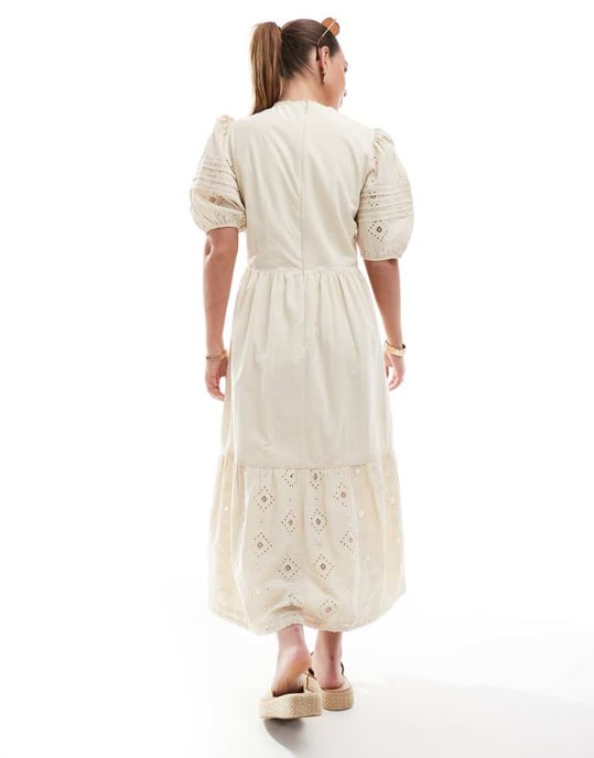 French Connection Cambria cotton broderie midi dress in beige - Image 3