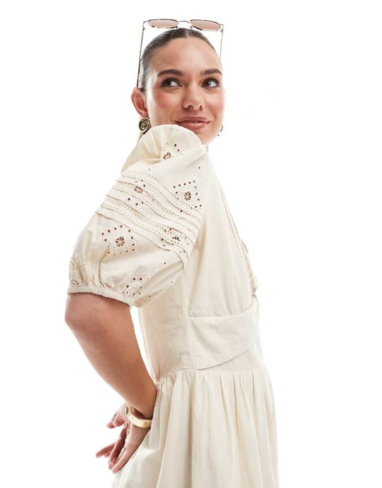 French Connection Cambria cotton broderie midi dress in beige - Image 4