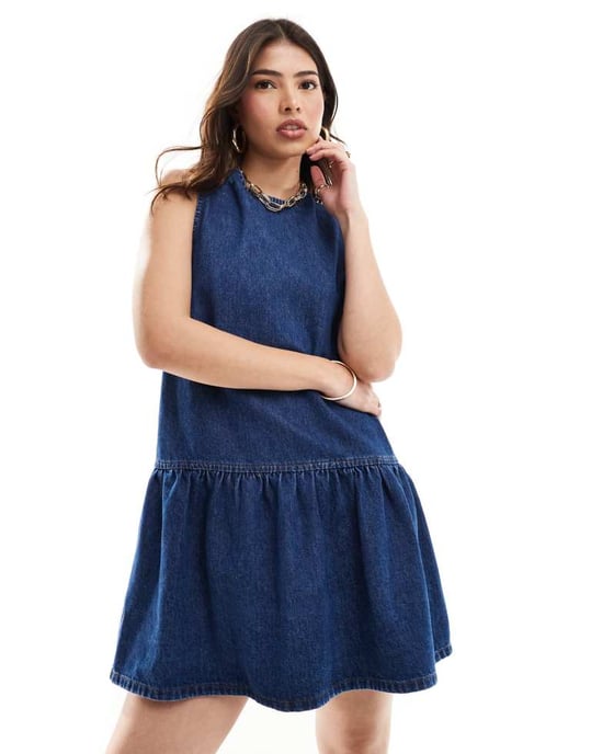 ASOS DESIGN denim drop waist dress in mid blue - Image 3