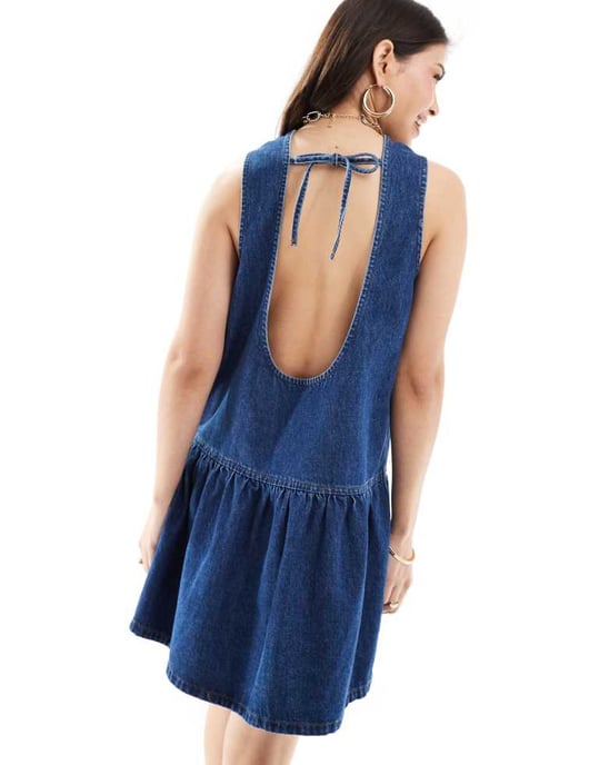 ASOS DESIGN denim drop waist dress in mid blue - Image 4