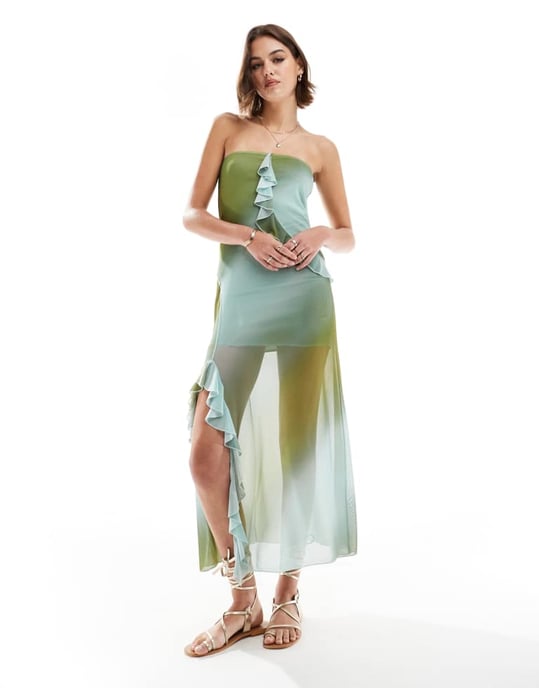 ASOS DESIGN nät bandeau midi klänning med volangdetalj i ombrétryck - Image 2