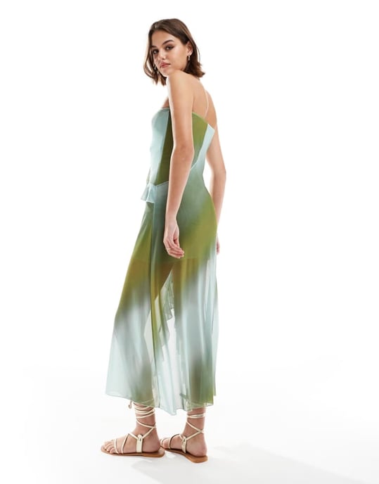 ASOS DESIGN nät bandeau midi klänning med volangdetalj i ombrétryck - Image 4