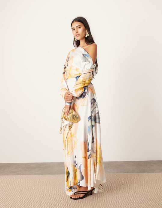 ASOS EDITION midi-klänning med fallande axlar i suddig blombaserttryck - Image 1