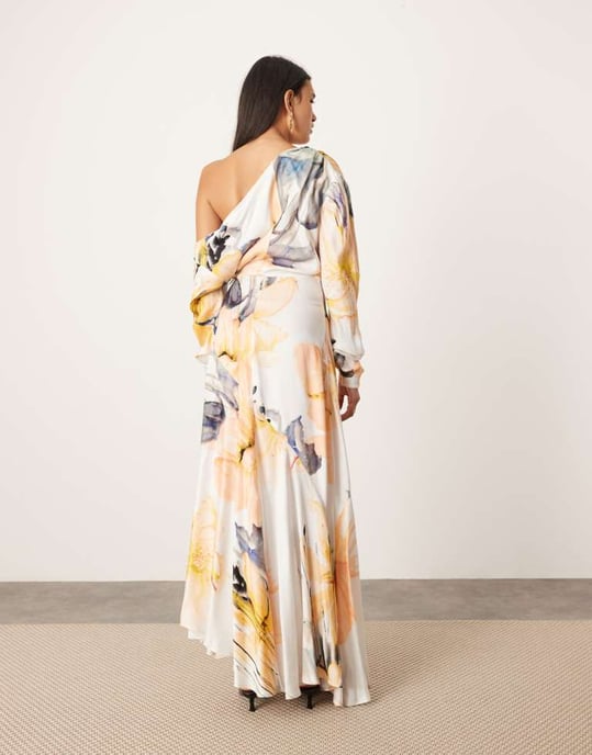 ASOS EDITION midi-klänning med fallande axlar i suddig blombaserttryck - Image 3