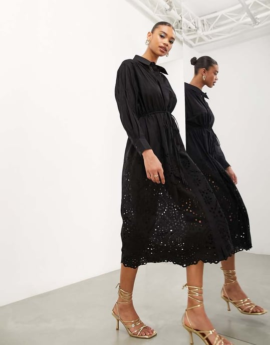 ASOS EDITION drawstring shirt midi dress with broderie hem in black - Image 2