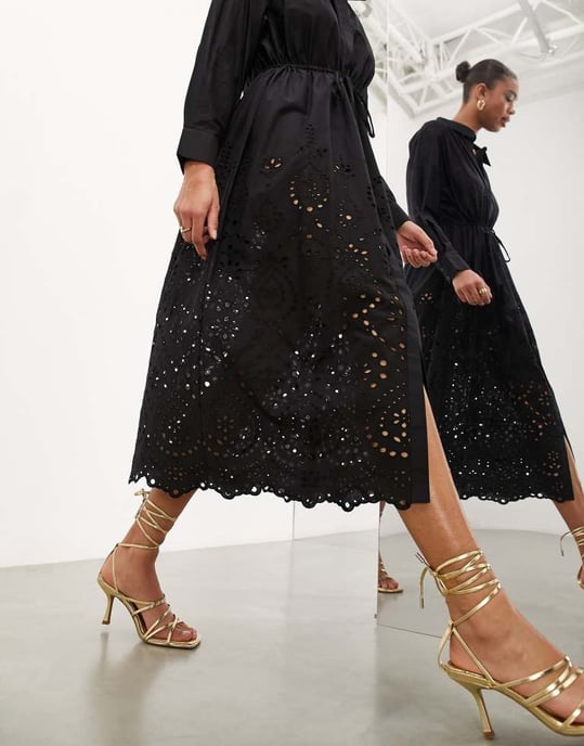 ASOS EDITION drawstring shirt midi dress with broderie hem in black - Image 3