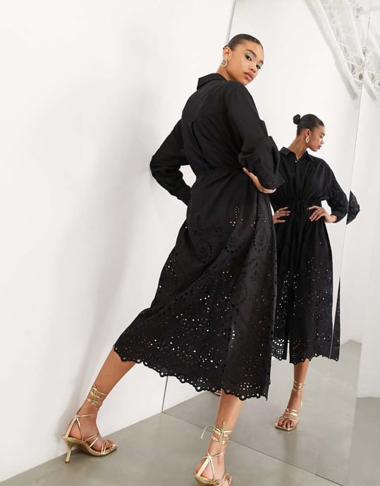 ASOS EDITION drawstring shirt midi dress with broderie hem in black - Image 4