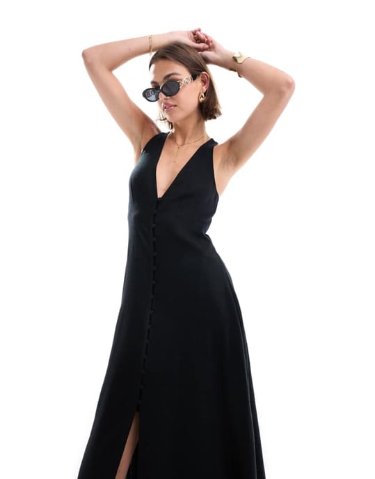 ASOS DESIGN knapplång klänning med full kjol i svart - Image 3