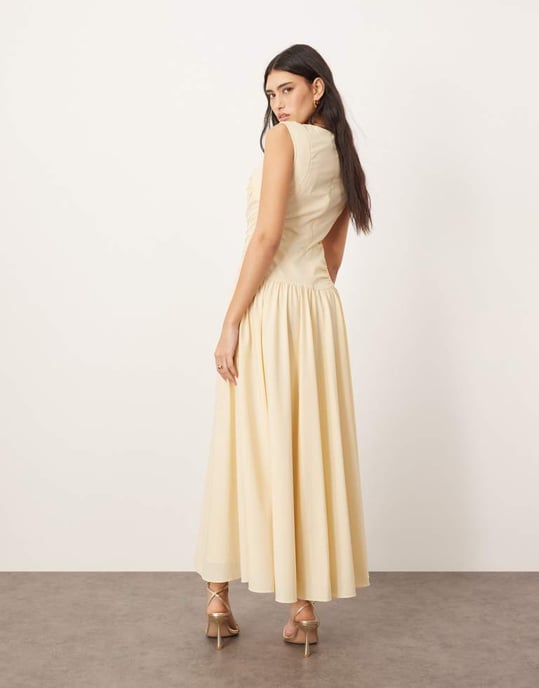 ARRANGE poplin ruched detail drop waist midi dress in buttermilk - Image 4