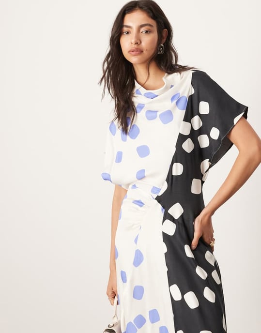 ASOS EDITION kjolklänning med päronhals och asymmetrisk fåll i färgblock med prickar - Image 3