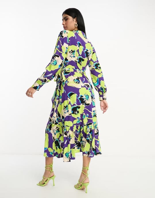 Y.A.S wrap collared midi dress in purple and lime abstract pansy print - Image 3
