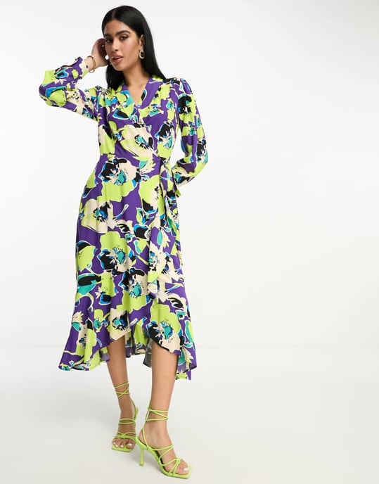 Y.A.S wrap collared midi dress in purple and lime abstract pansy print - Image 4