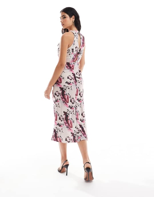 ASOS DESIGN satin drape bodice midi dress in floral print - Image 4