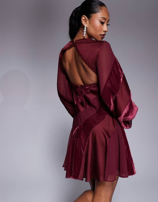ASOS DESIGN velvet panelled lace trim mini dress with open back in burgundy - Image 2