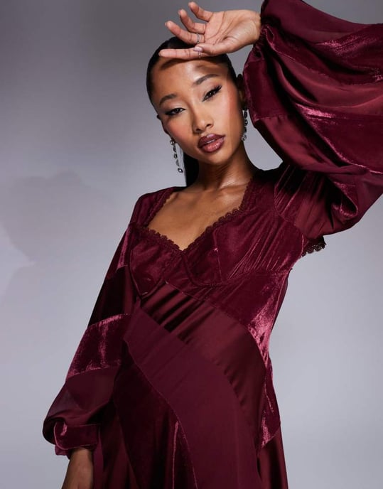 ASOS DESIGN velvet panelled lace trim mini dress with open back in burgundy - Image 4