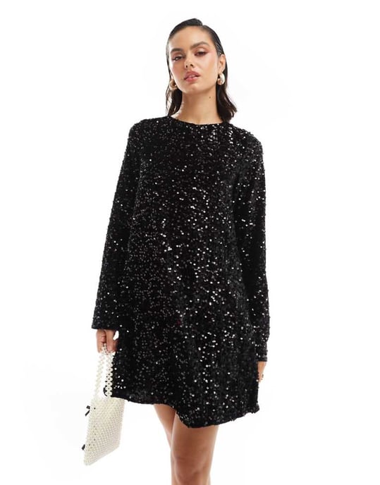 Pieces sequin mini dress with ribbon bow back in black - Image 1